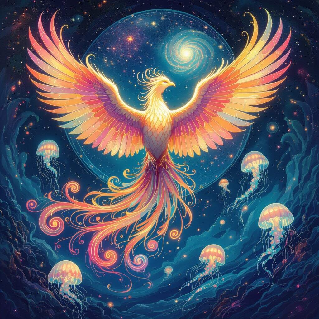 Ethereal Phoenix Rising from Galactic Ocean