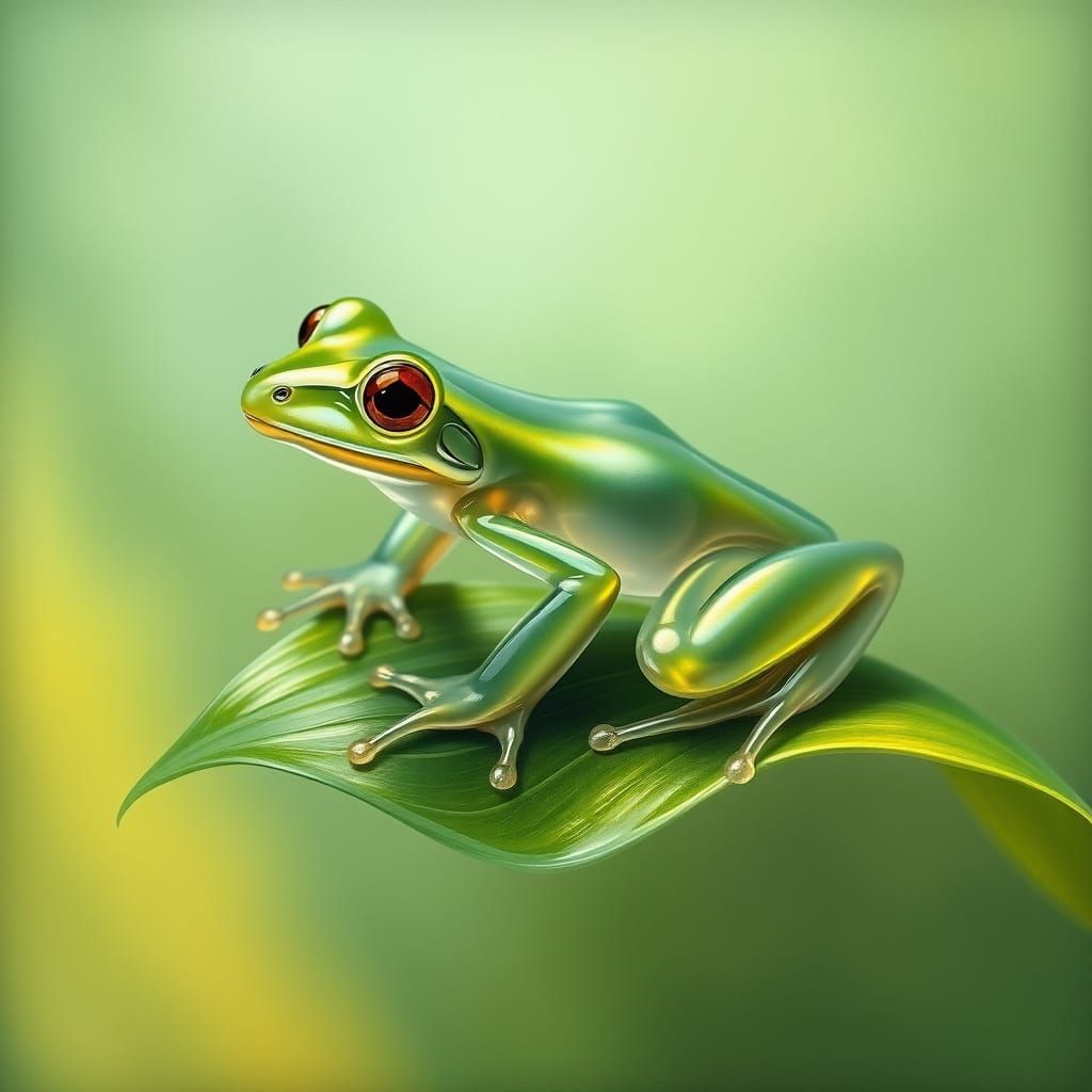 Surreal Glass Frog Basks on Lush Green Leaf in Dreamlike Lan...