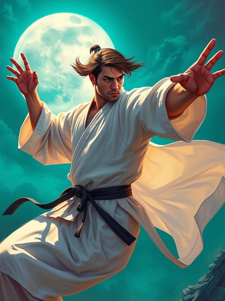 Martial Artist Under Full Moon in Vibrant Fantasy Style