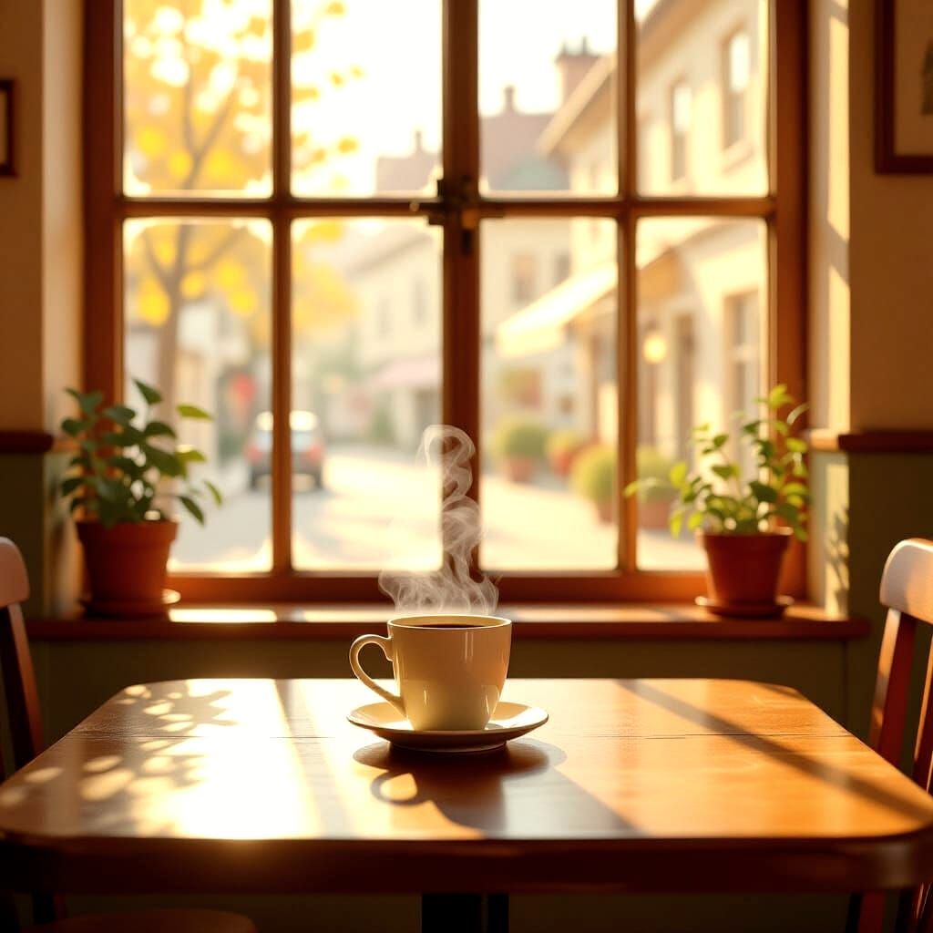 Whimsical Cafe Interior with Steaming Mug in Storybook Style