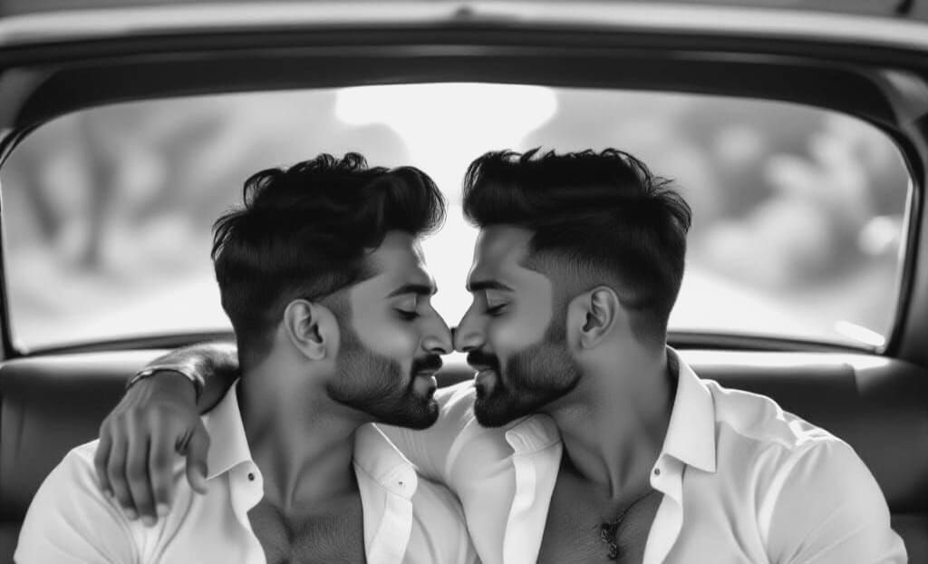 Passionate Kiss: Gay Indian Men in Romantic Car Scene