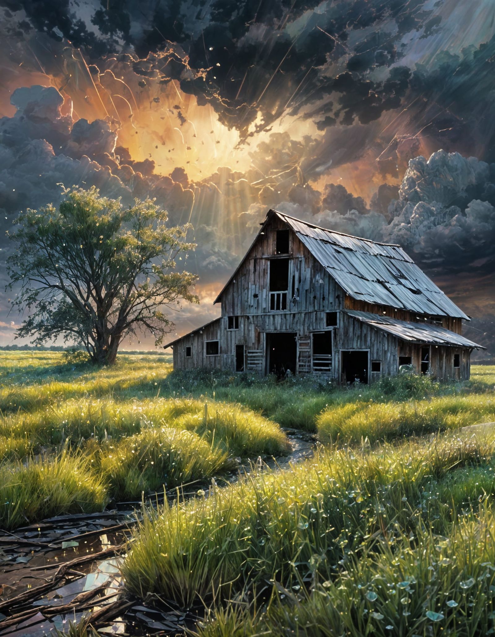 Dilapidated Barn in Stormy Landscape Oil Painting