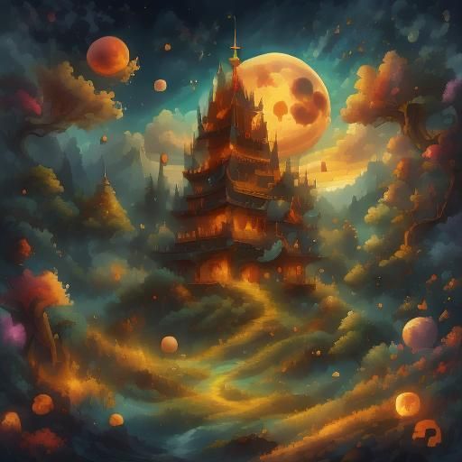 Volcanic Eruption Under Full Moon in Cosmic Landscape