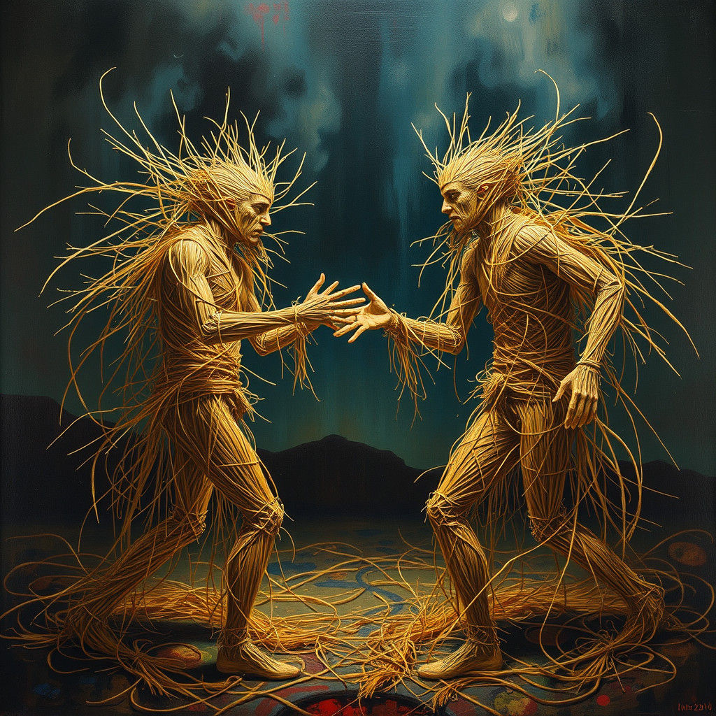 Surreal Straw Men Arguing in Dreamlike Landscape