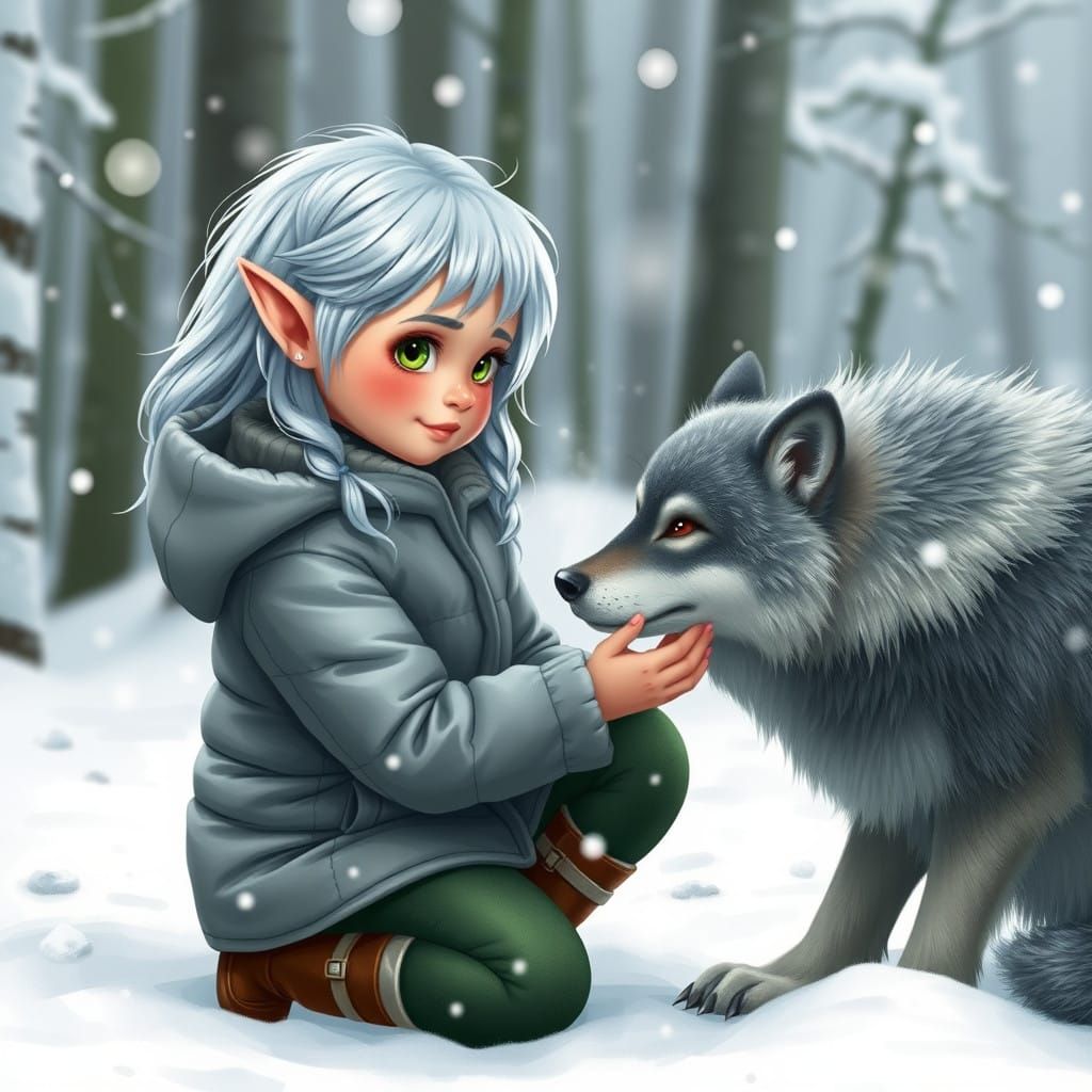 Petting her wolf in the wolf's favourite spot