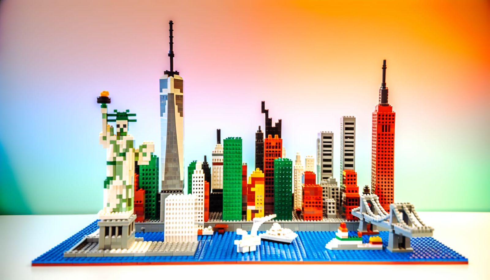 Colorful Lego New York City Skyline at Sunset