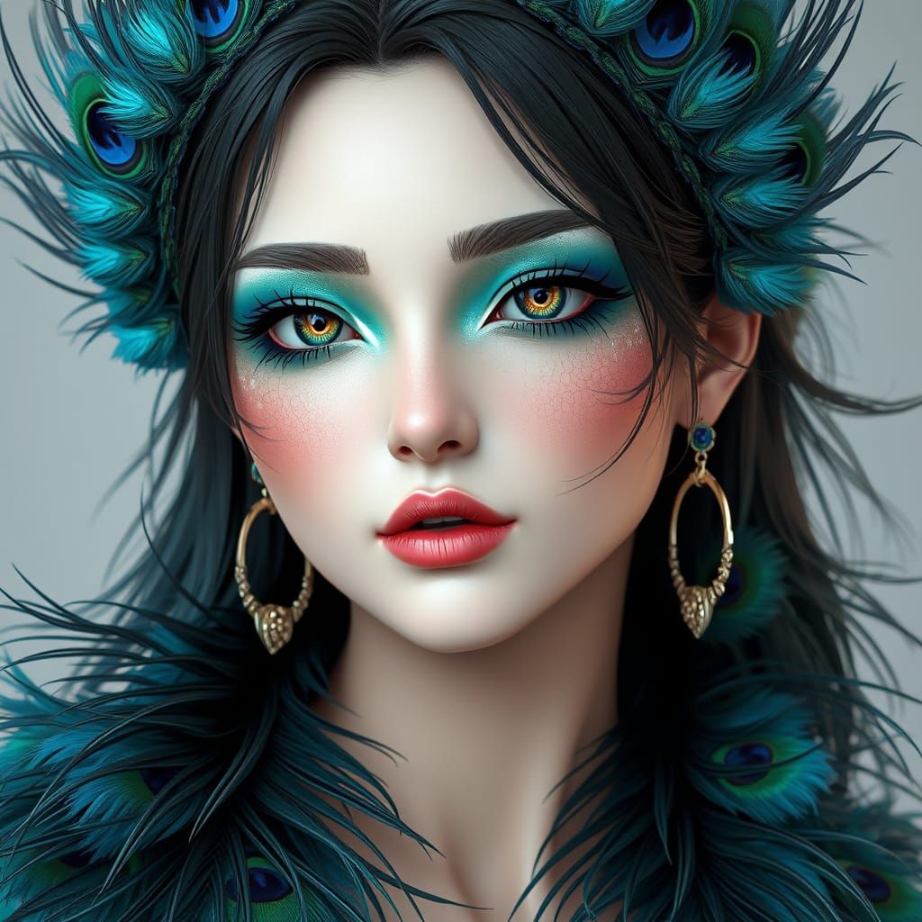 Surreal Anime Goddess in Vibrant Feathers