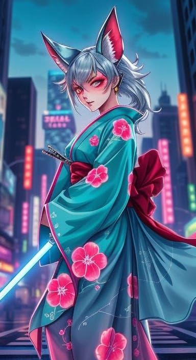 Cyberpunk Kitsune in Kimono with Neon Lights
