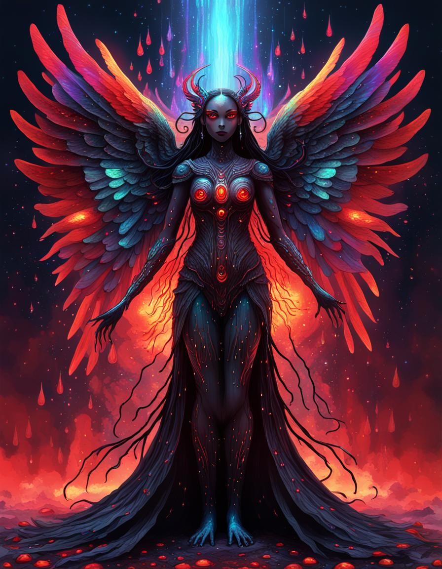 Cosmic Goddess with Red Eyes and Wings