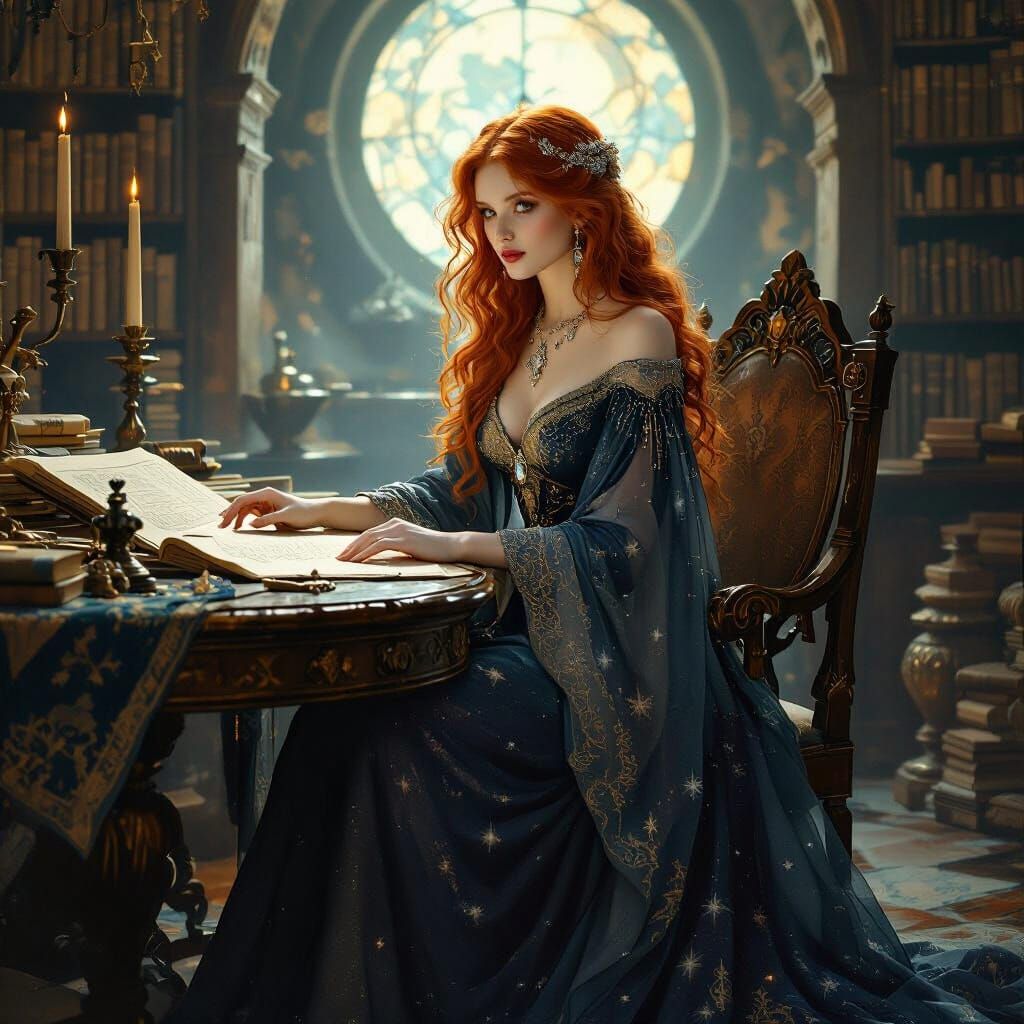 Oracle Surrounded by Mystical Artifacts in Pre-Raphaelite St...