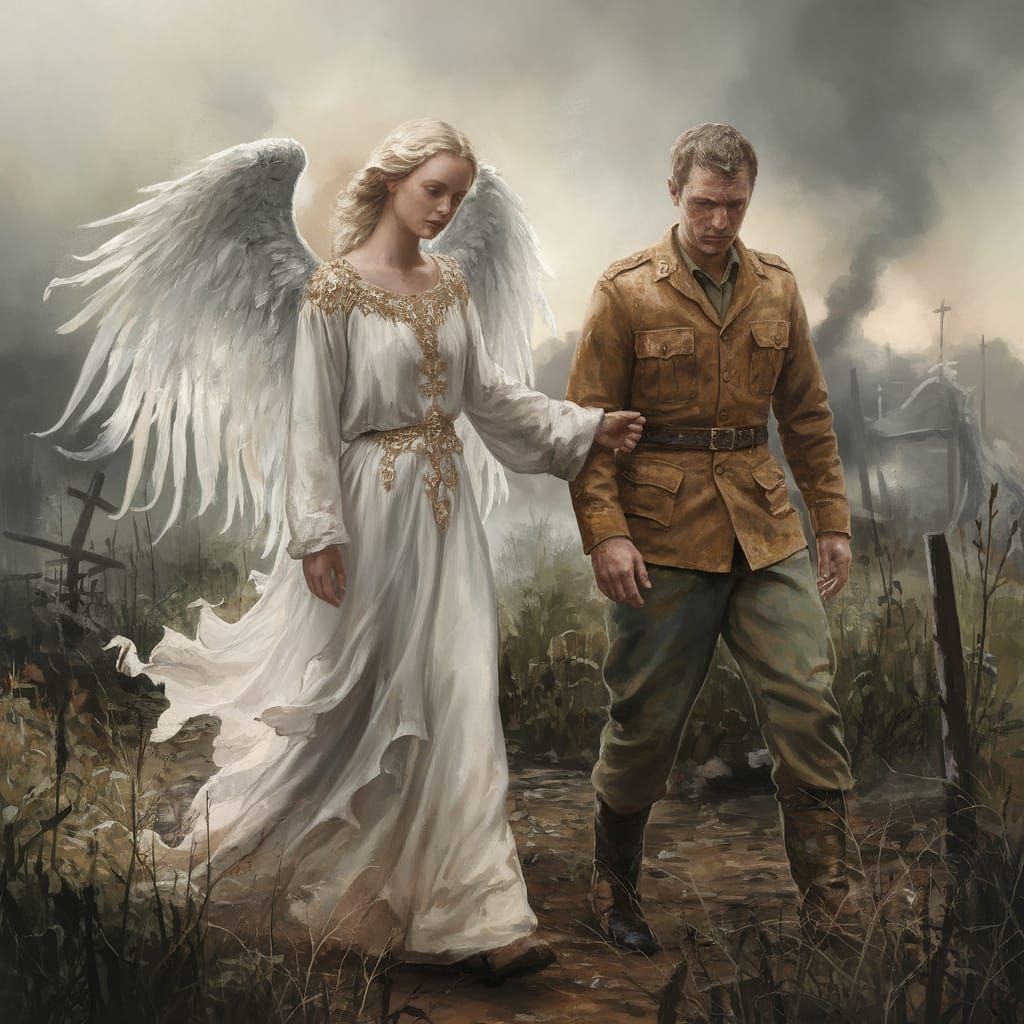 Ethereal Guardian in a Desolate War-Torn Landscape