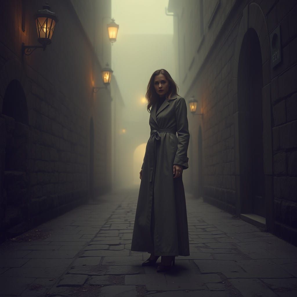 Surrealist Woman in Foggy Alleyway
