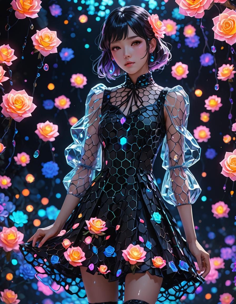 Holographic Honeycomb Dress in Neon Anime Style