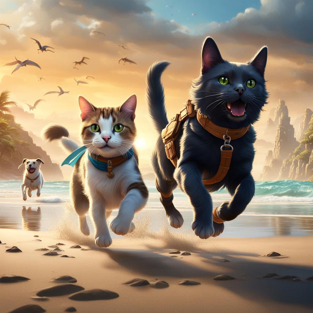 Cat and Dog Running on Beach: Detailed Digital Painting