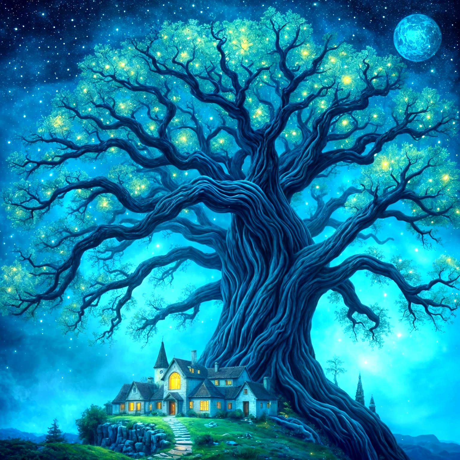 Magical Tree Village Under Cosmic Sky