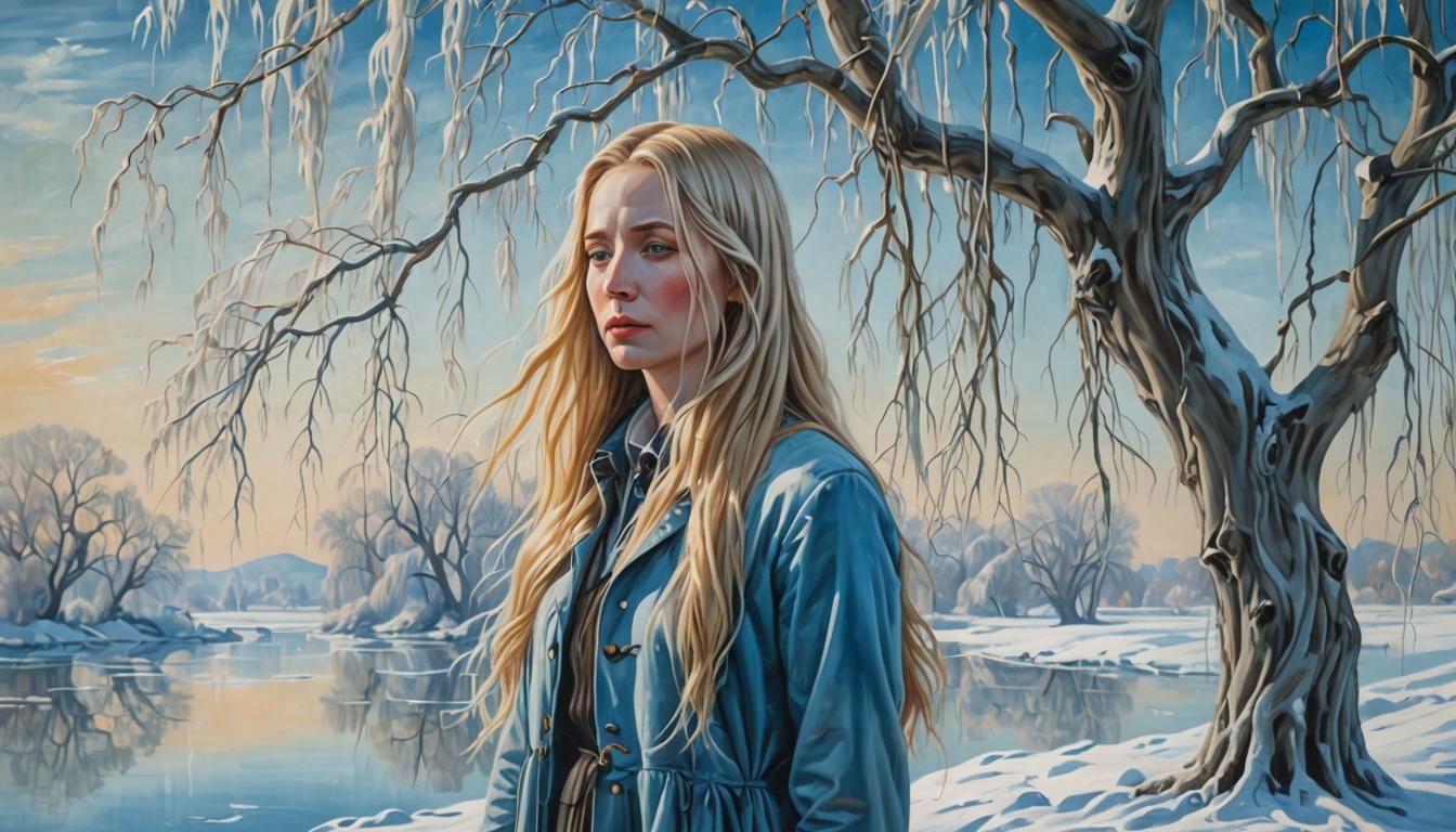 Surrealist Winter Landscape with Woman in Dreamlike Style