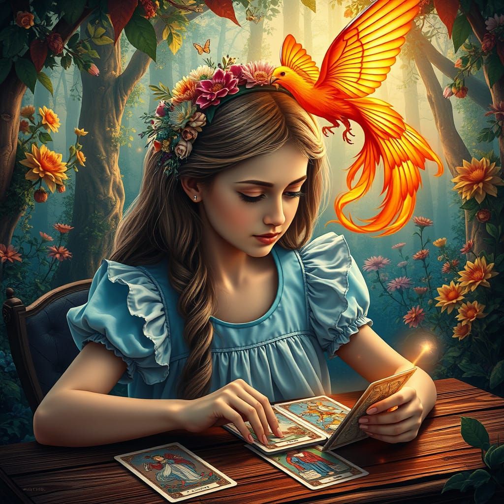Whimsical Alice in Wonderland Reading Tarot Cards in a Vibra...