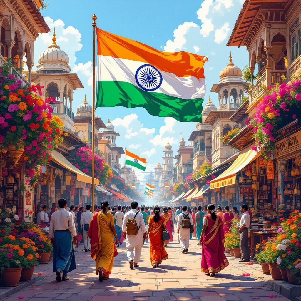 Vibrant Indian Flag Waving Amidst United People