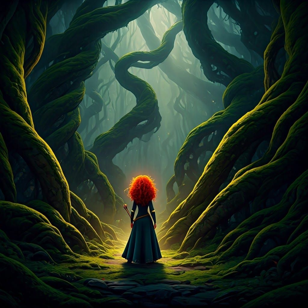 Merida in Mystical Forest: Dark Fantasy Art Nouveau