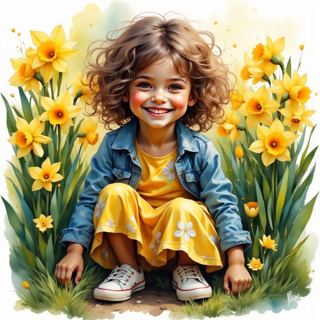 Whimsical Girl Surrounded by Vibrant Daffodils in Soft Focus