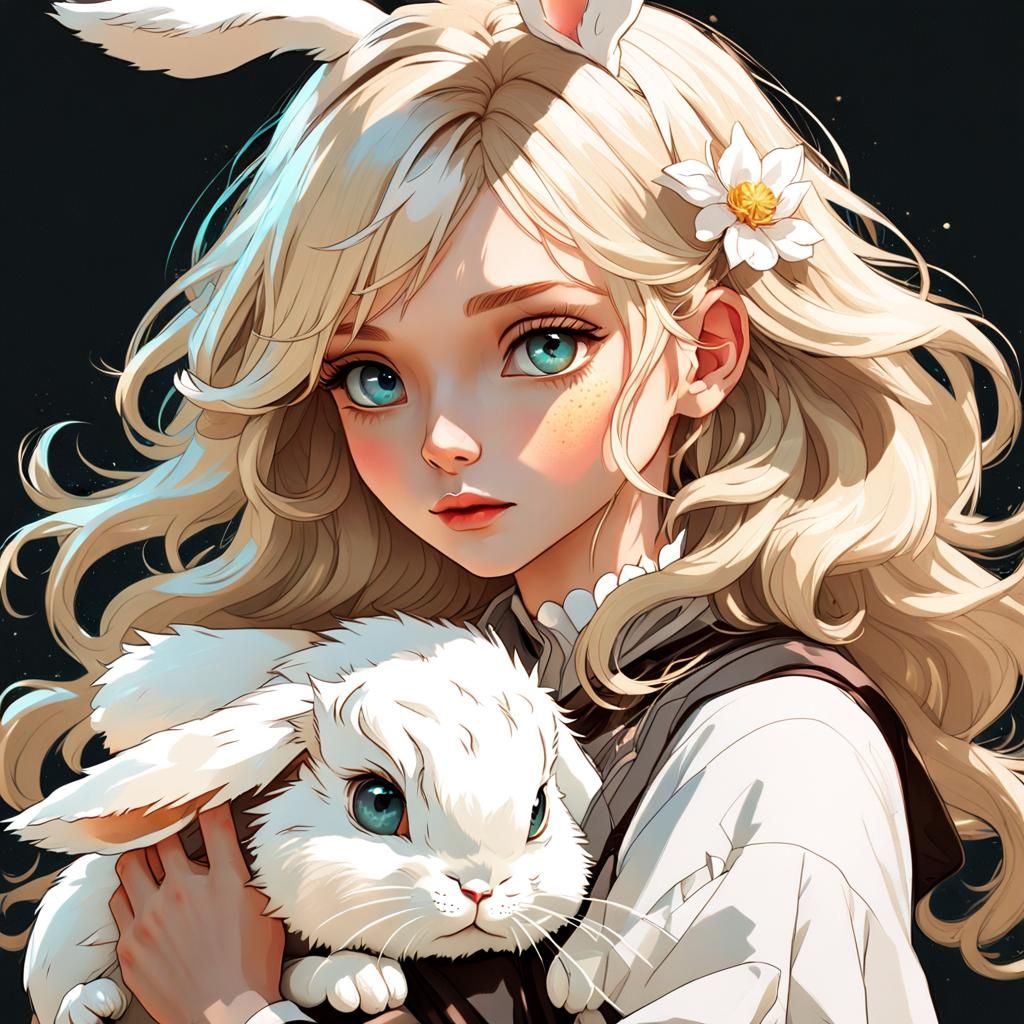 Dreamy Girl with Bunny: Hyperdetailed Portrait