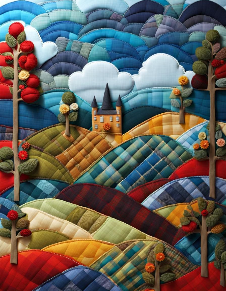 Intricate Plaid Pattern Textile Art Landscape