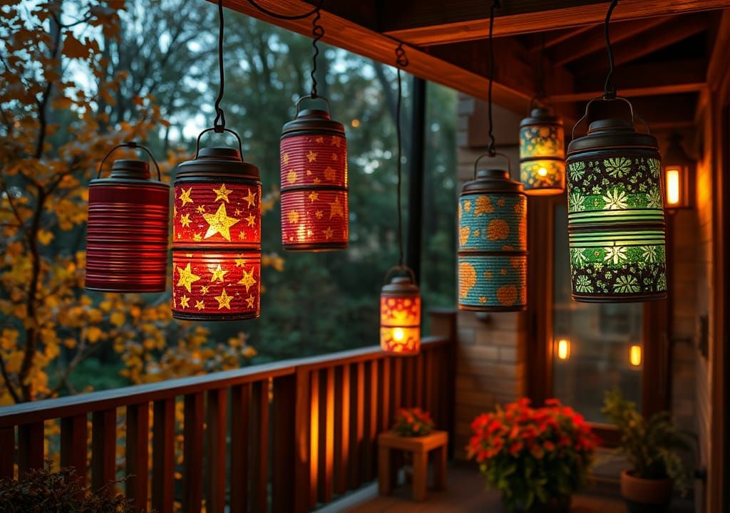 Recycled Tin Can Lanterns on Cozy Autumn Terrace