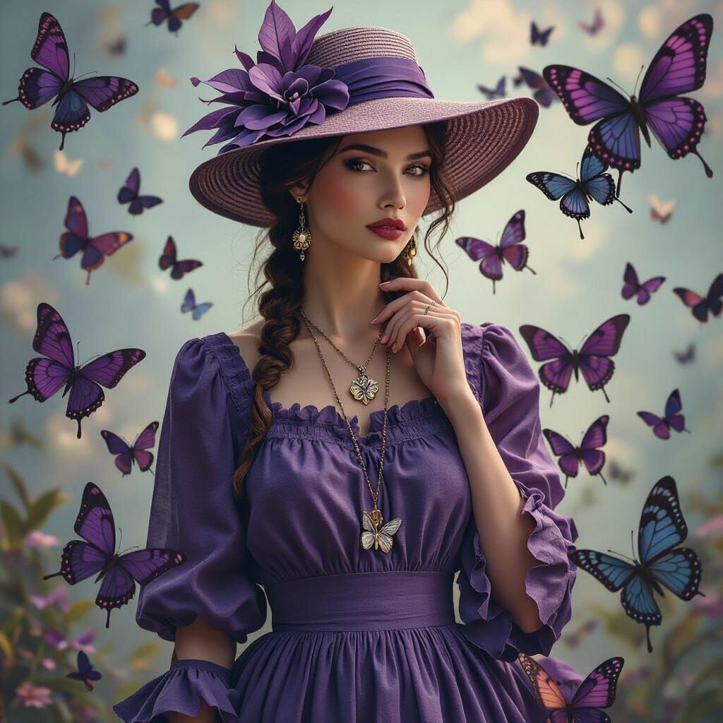 Deep Purple Linen Dress with Butterflies and Matching Hat