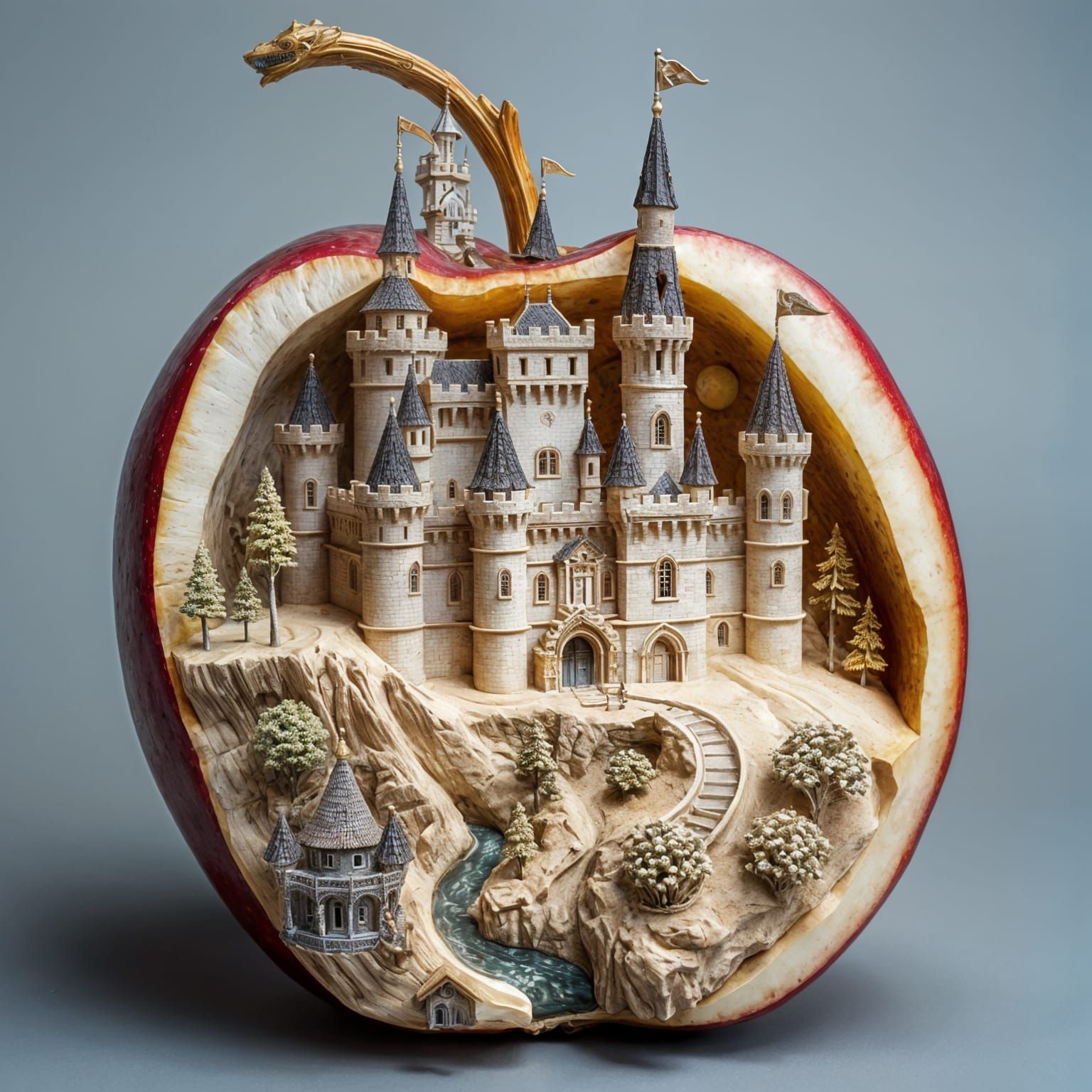 Medieval Castle Carved into Red Apple in Hyperrealistic Styl...