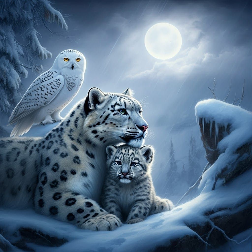 Snow Leopard Protecting Cub in Storm, Fantasy Art