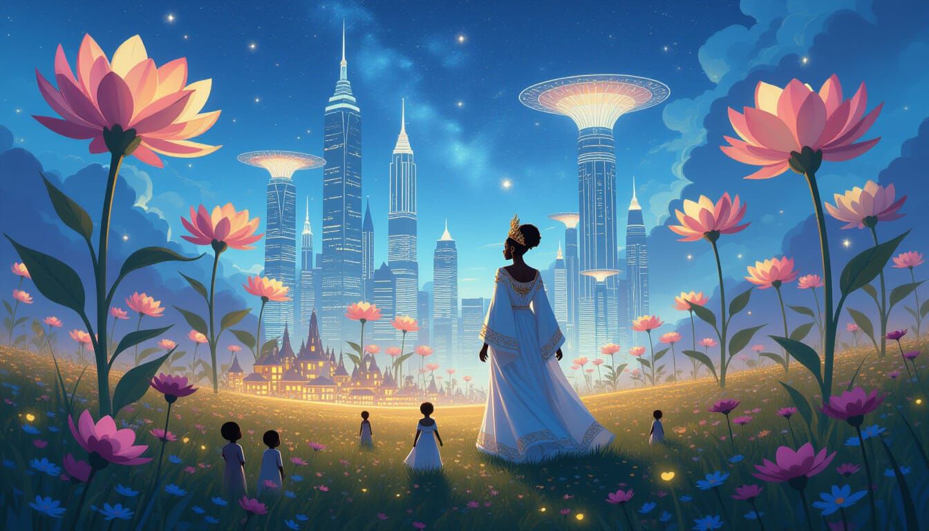 African Queen in Dreamlike Meadow of Giant Flowers