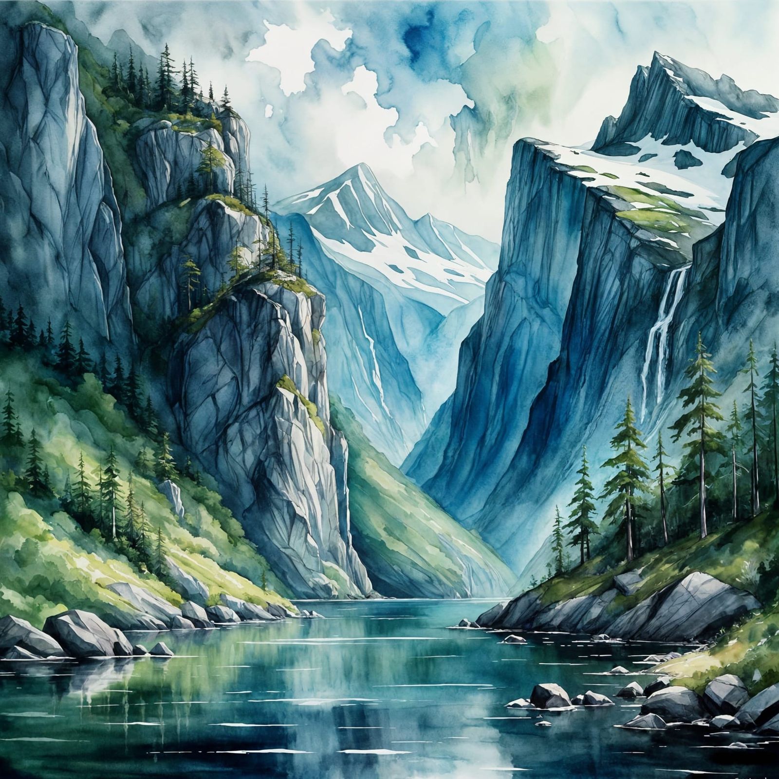 Norwegian Fjords: Minimalist Landscape in Rackham Style