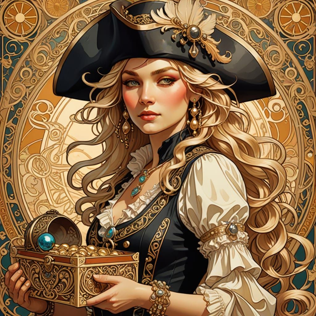 Pirate Lady with Treasure in Art Nouveau Style