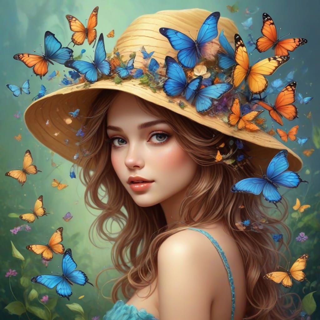 Whimsical Fairy With Butterfly Hat In Fantasy Art Style