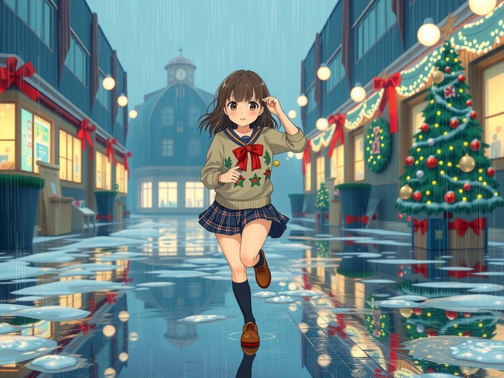 Schoolgirl Running in Rain in Anime Art Style