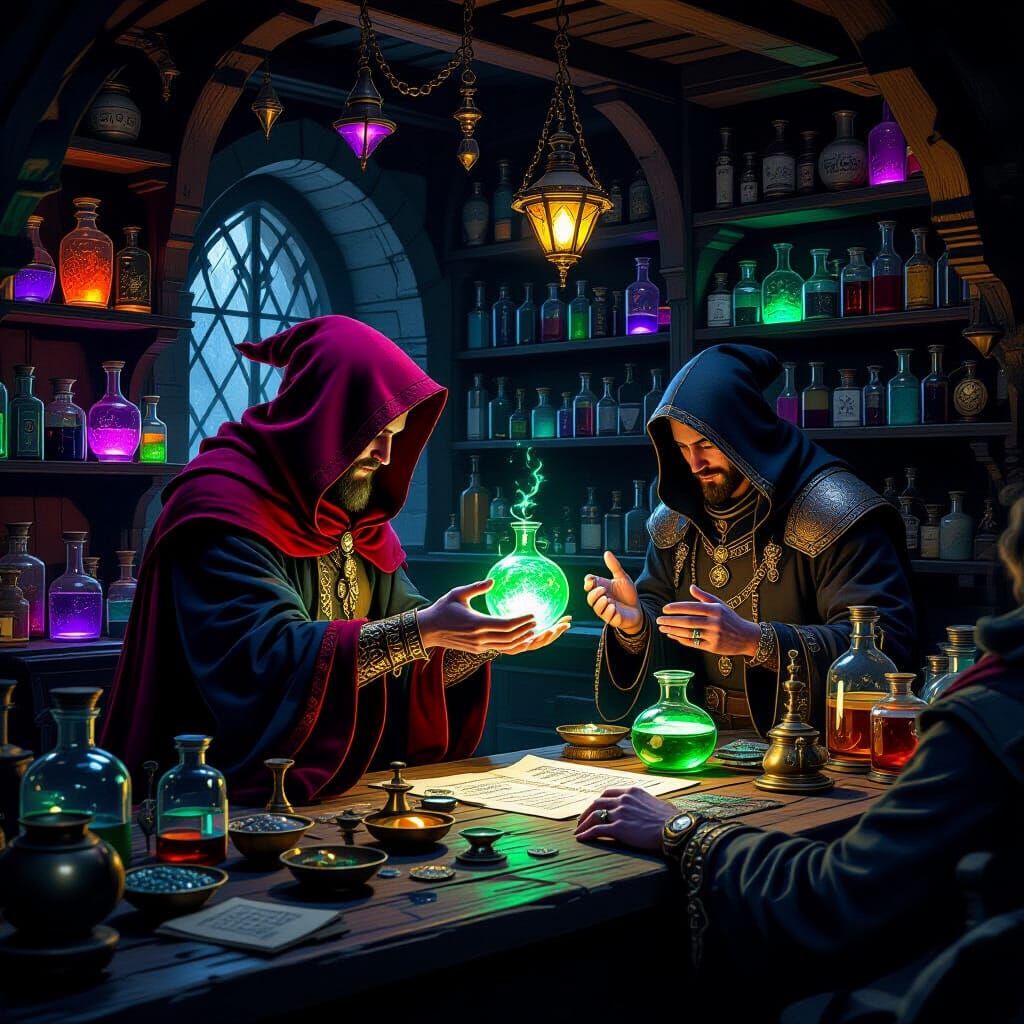 Dark Fantasy Alchemist Conducting Secret Potion Deal