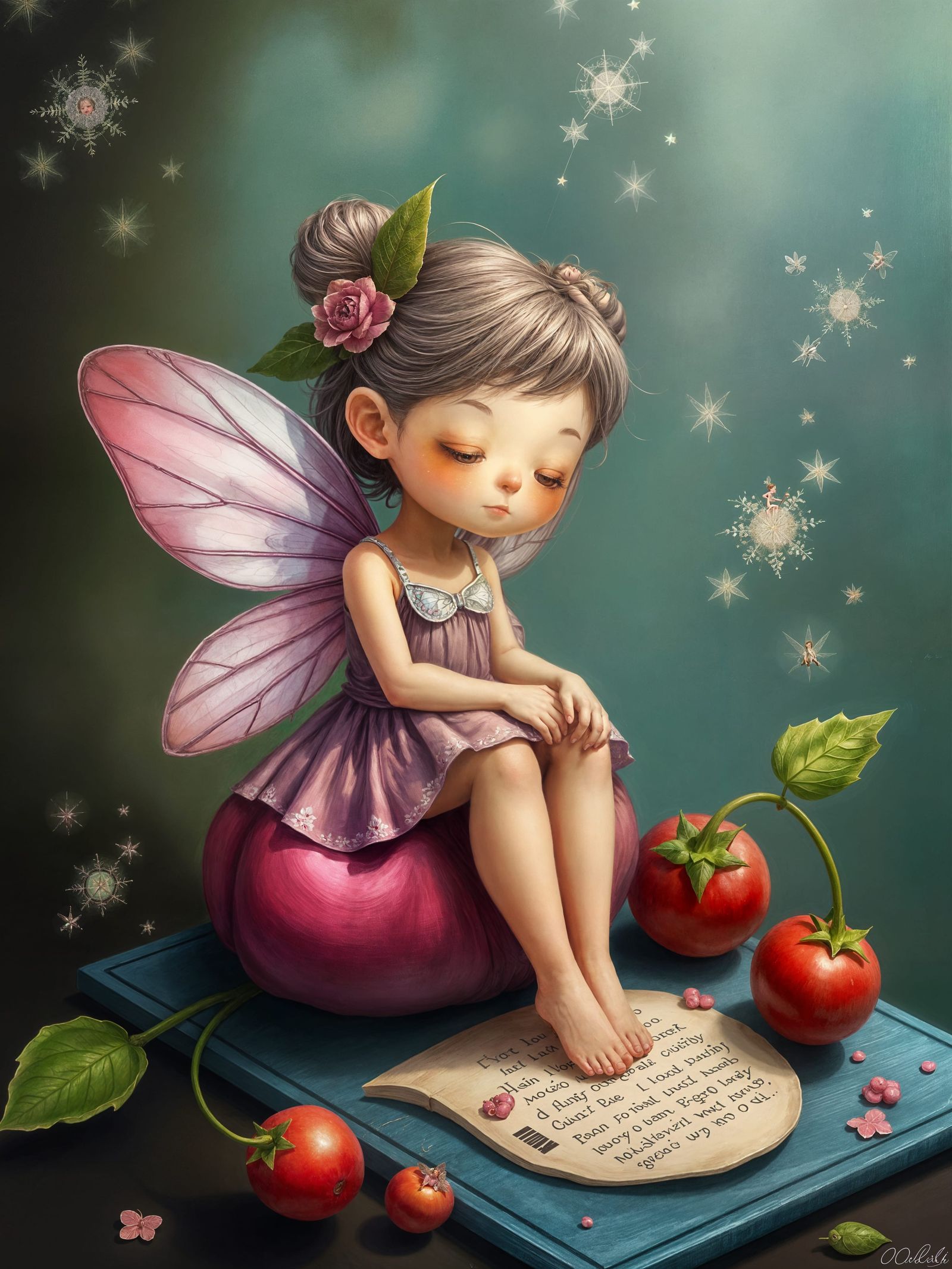 Fairy Sits Among Lingonberries in Whimsical Cartoon Style