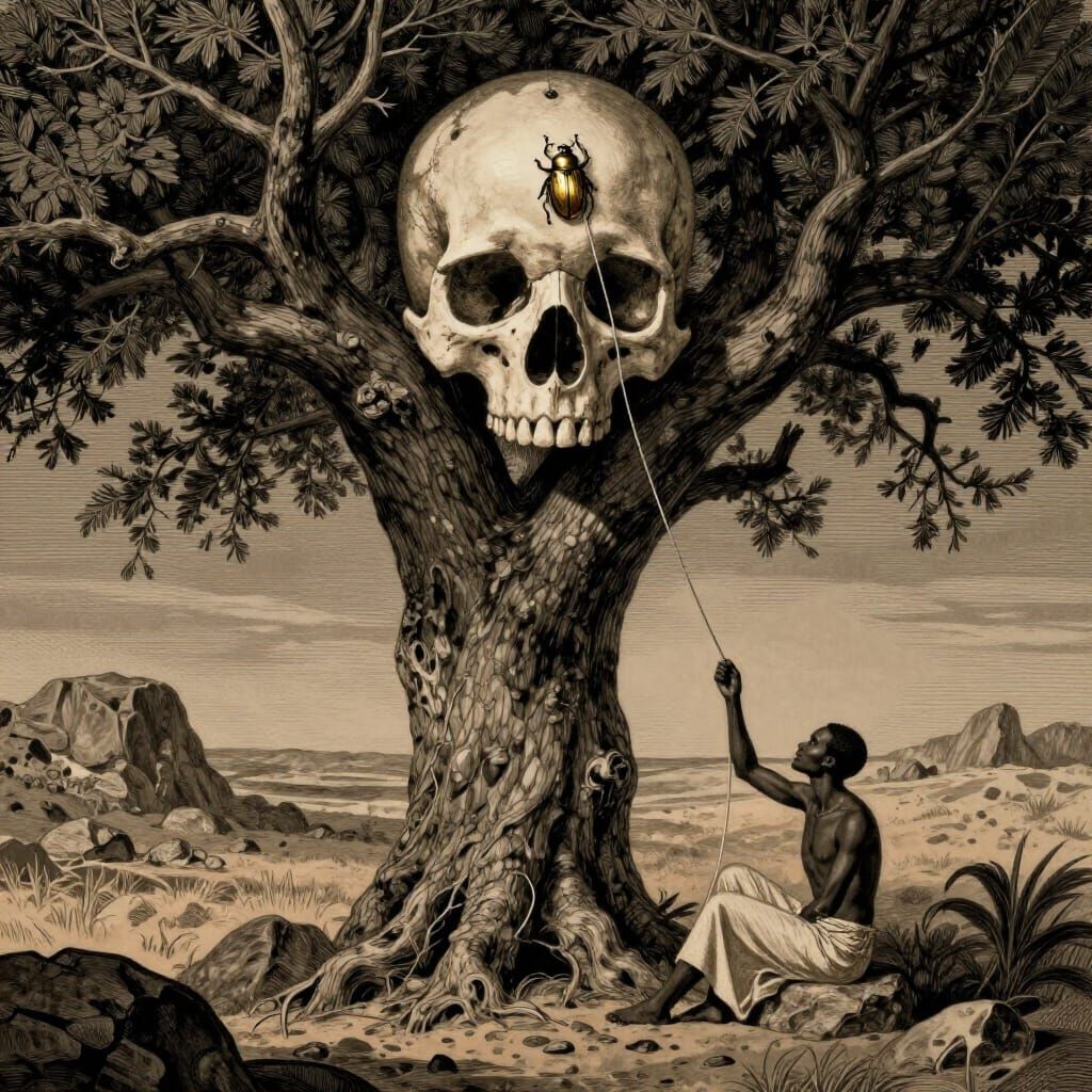 Desolate Tree with Skull and Figure in Vintage Style