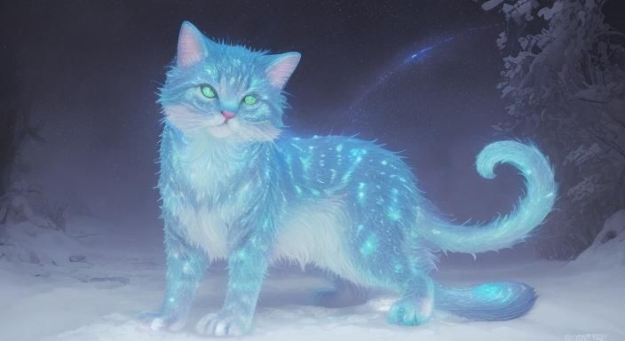 Bioluminescent Crystal Cat in Winter Landscape