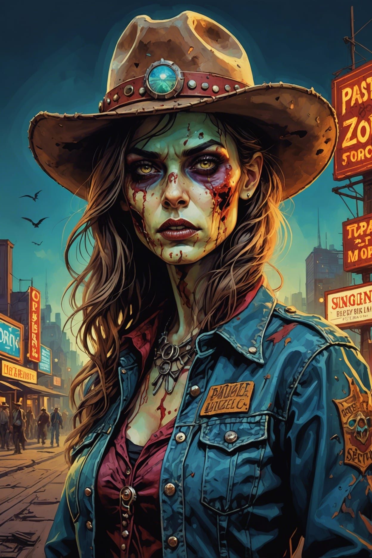 Zombie Cowboy Girl in Retro-Futuristic Metropolis
