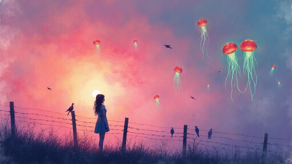 Ethereal Jellyfish Sunset: Watercolor Fantasy Scene