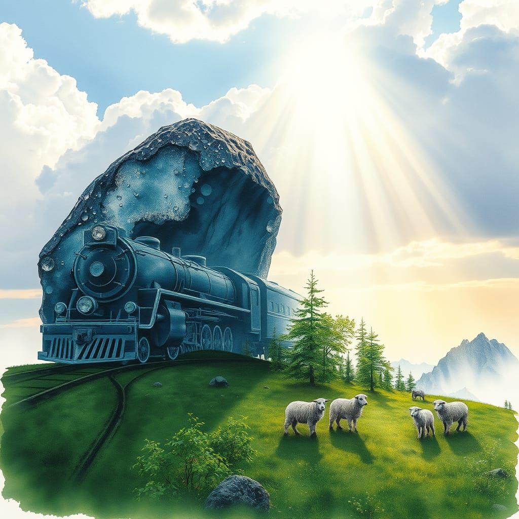 Surrealist Watercolor Scene of Steam Train in Nature