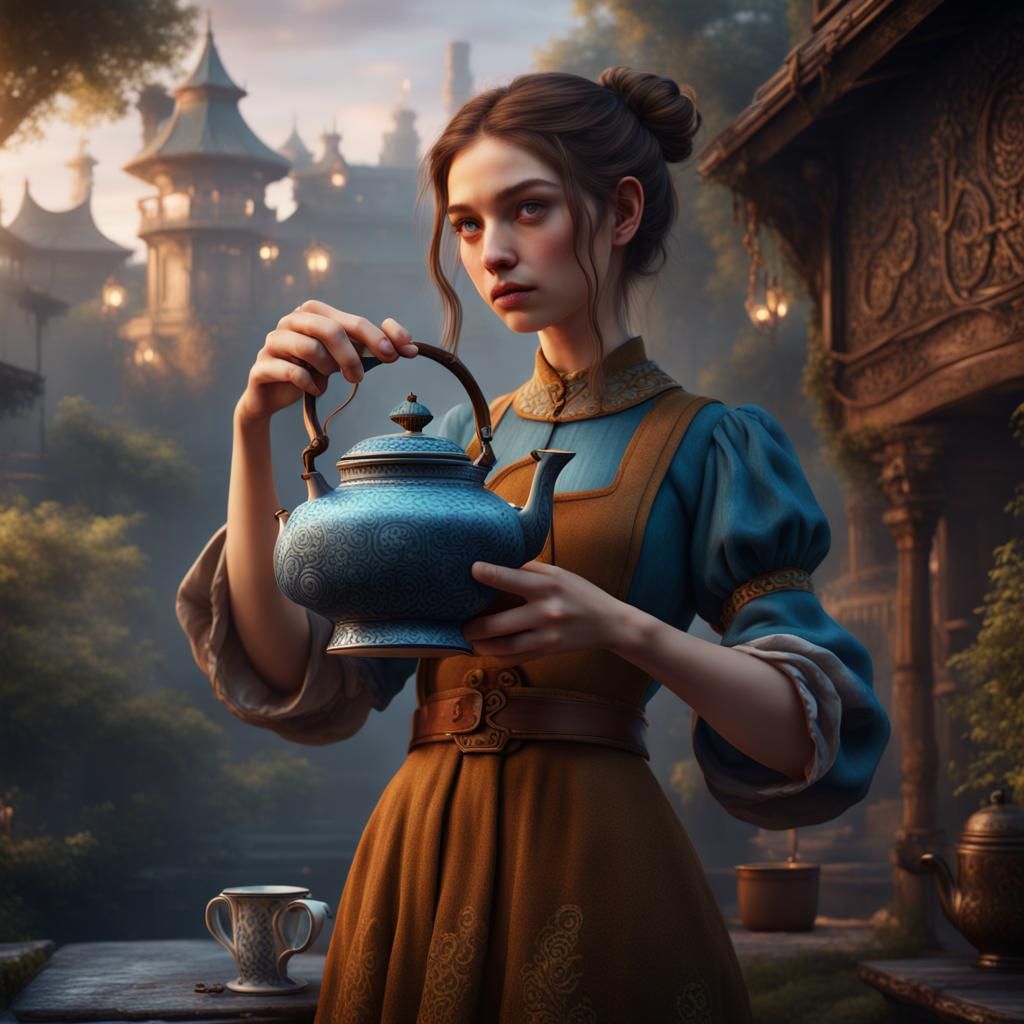 Girl Holding Teapot in Detailed Matte Painting