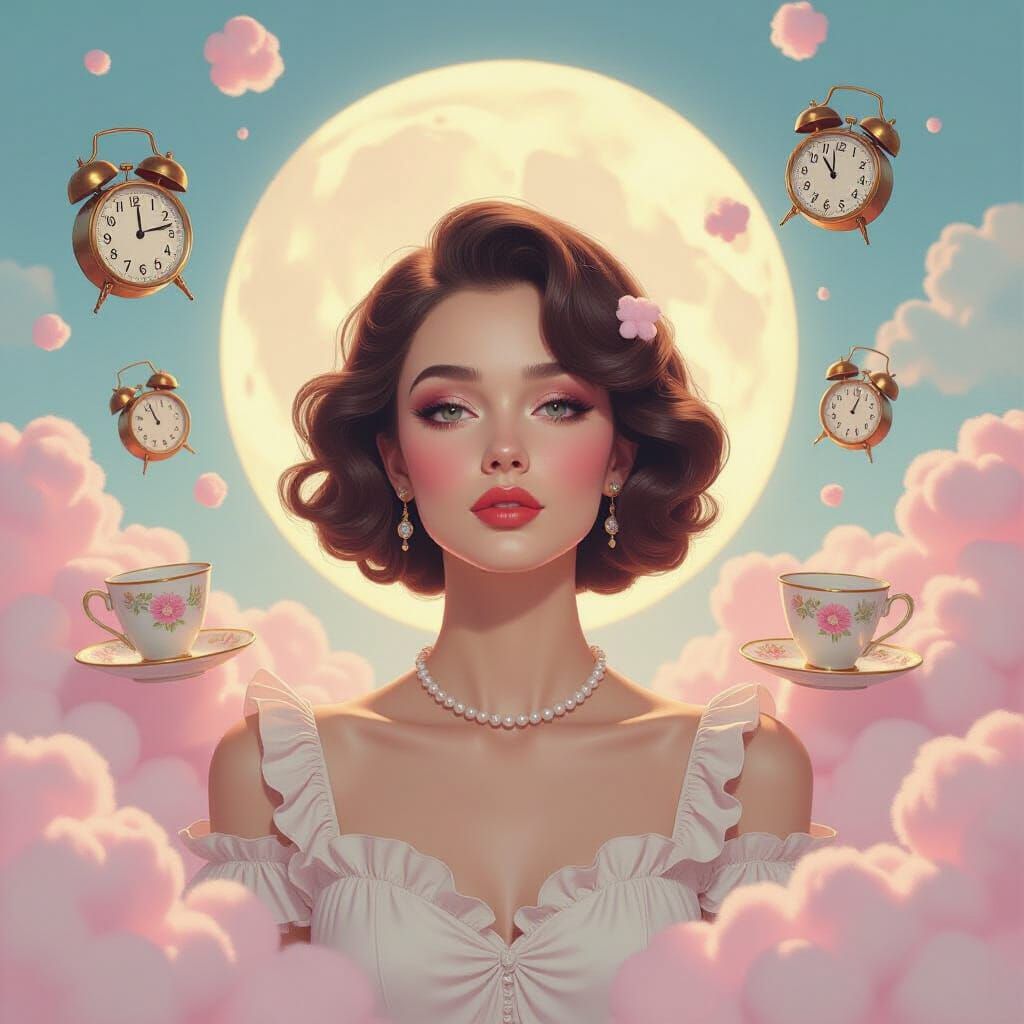 Surreal Pastel Portrait with Floating Clocks