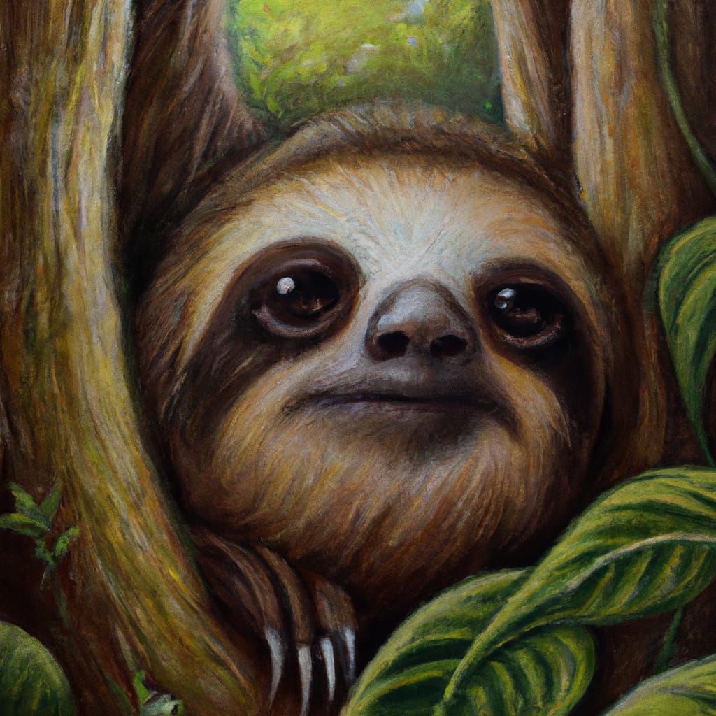 Detailed Sloth Portrait in Fairy Tale Forest