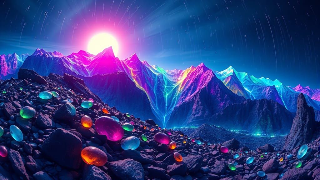 Bioluminescent Mountainscape with Crystalline Rain