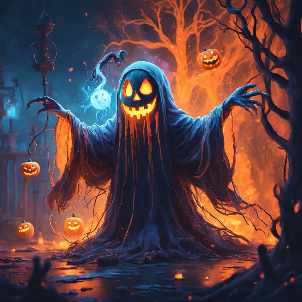 Whimsical Ghost in Neon Halloween Night