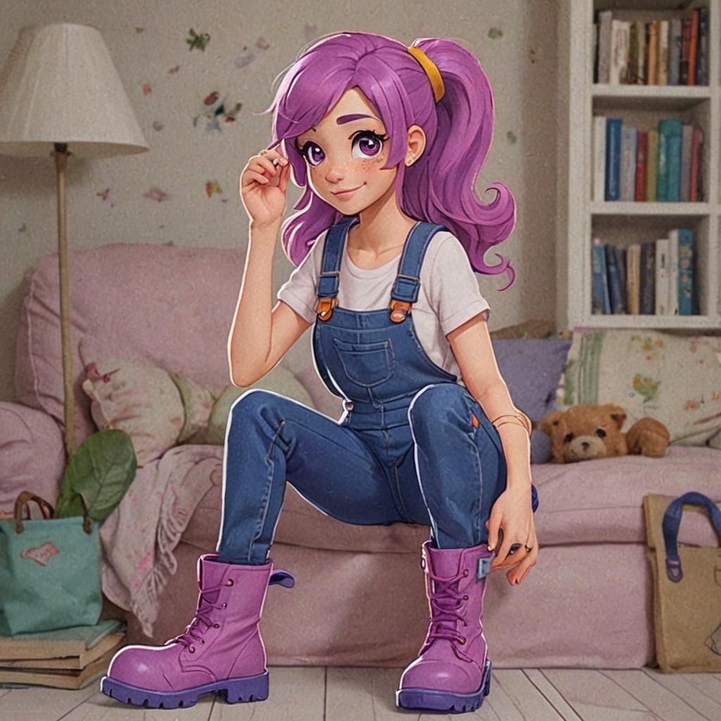 Girl with Pink Hair Tries on Overalls