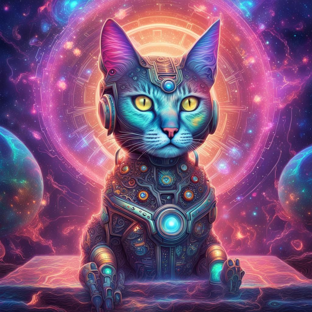 Robot Cat Flipping in Cosmic Astral Style
