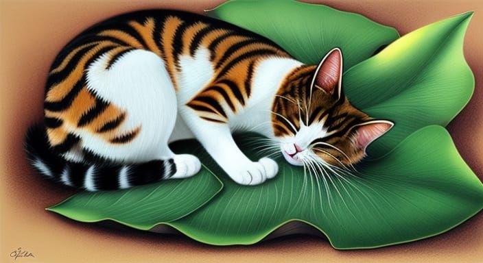 Cute Cat Sleeping on Lotus Leaf in Detailed Drawing